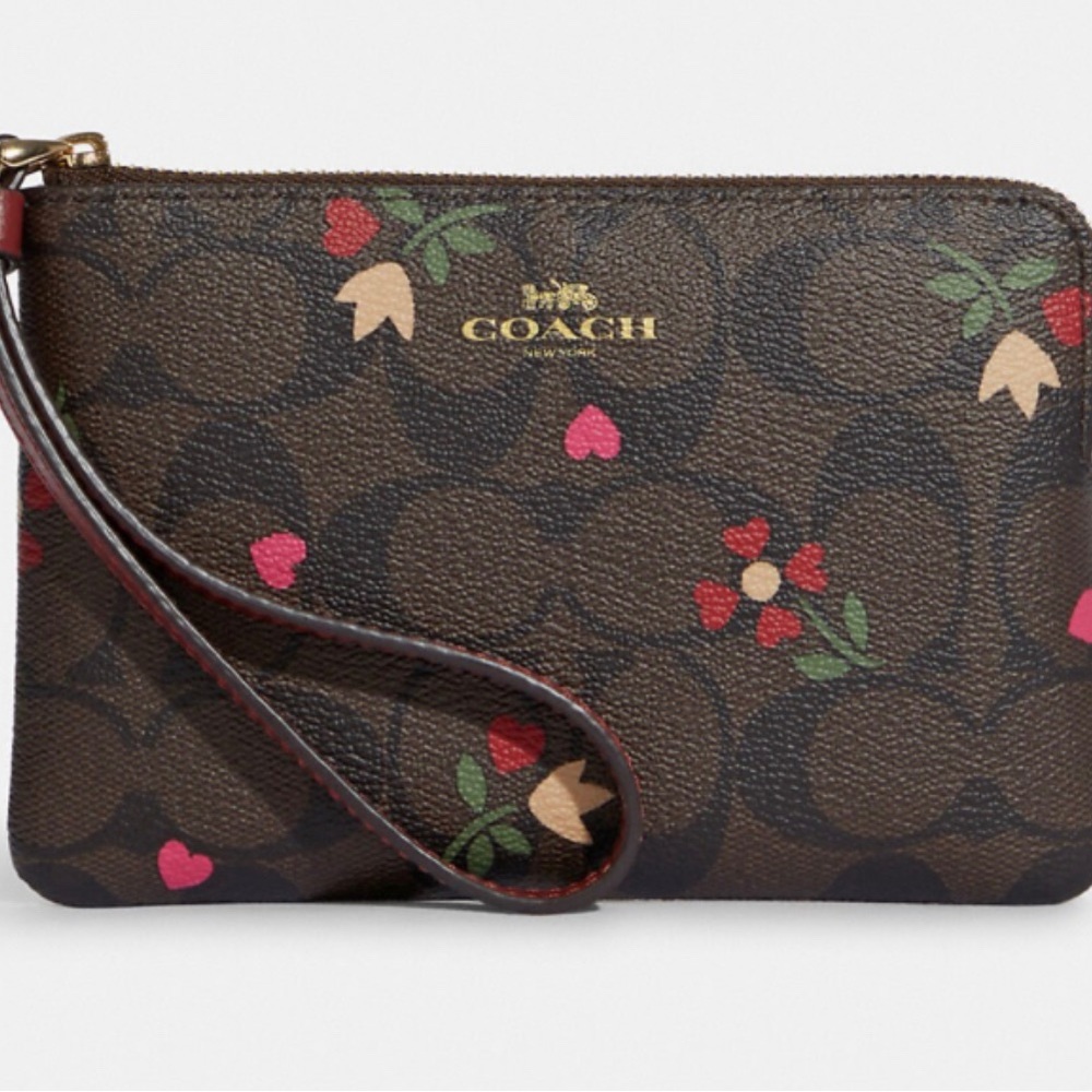 Coach Brown Floral Heart Wristlet